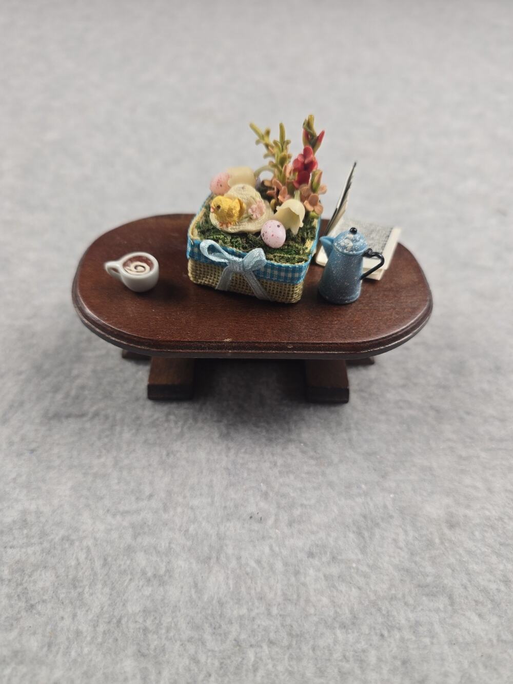 Vintage Shackman Japan Dollhouse Wooden Table Easter Basket Coffee Newspaper